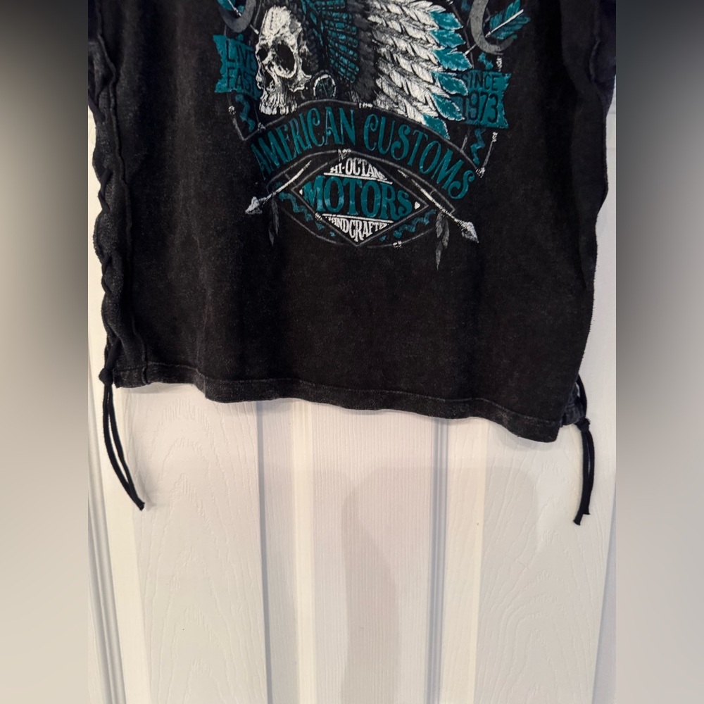 Affliction American Customs Vision Quest Top Women's Black Tee Size Medium - Picture 9 of 13